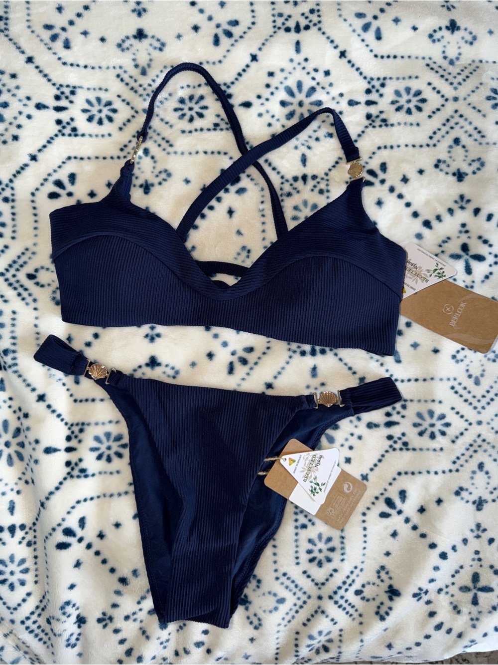 NWT-Ribbed Navy Bikini Set with Gold Accents - Women Swim